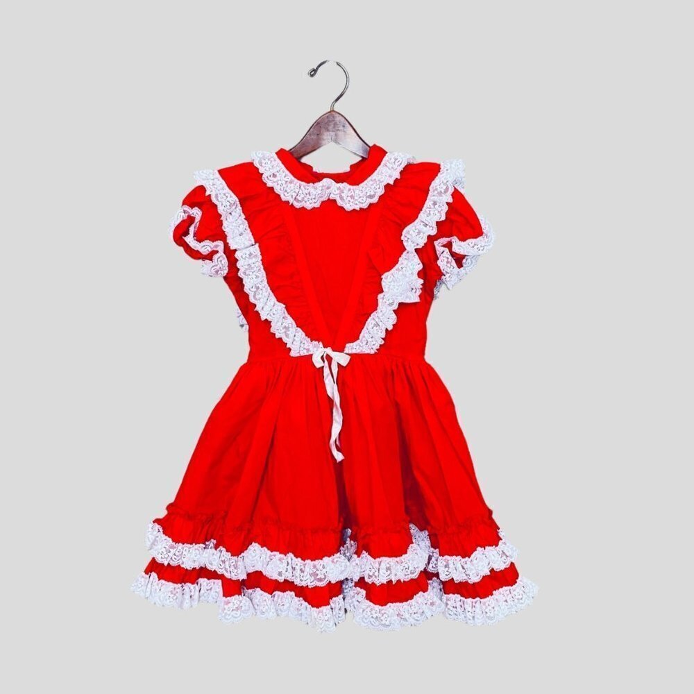 Vintage Betty Oden Girl Dress Size 7 Fire Engine Red Pageant Frilly Lace - Picture 2 of 11